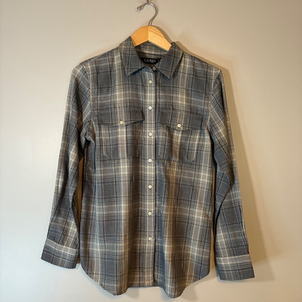 Lauren Ralph Lauren Grey Plaid Button Down Shirt Long Sleeve Pockets Medium - Picture 1 of 7